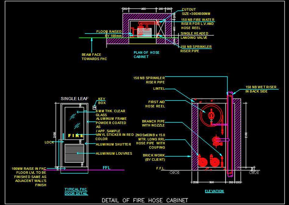 Fire Hose Cabinet Layout and Section Details - Autocad Drawing